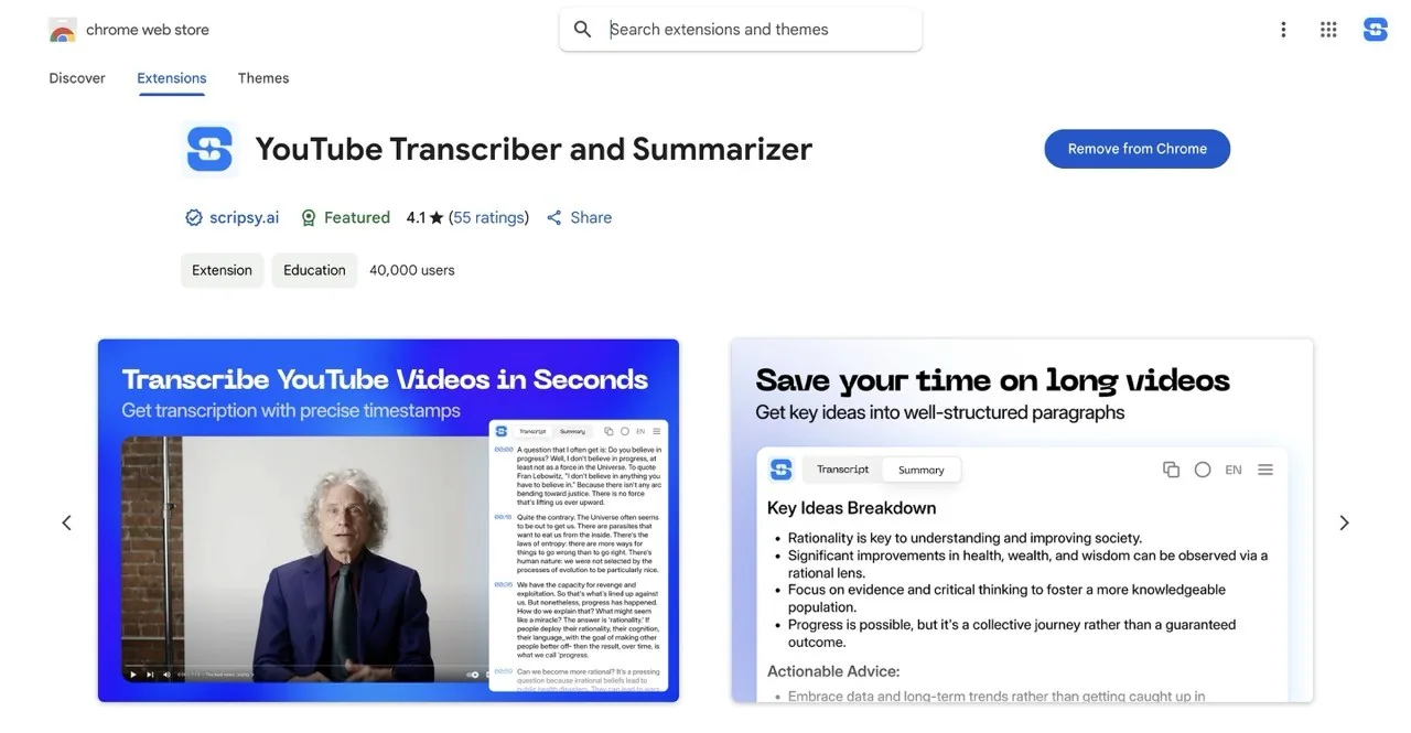 screenshot of chrome extension for video to text converting and online transcript generator
