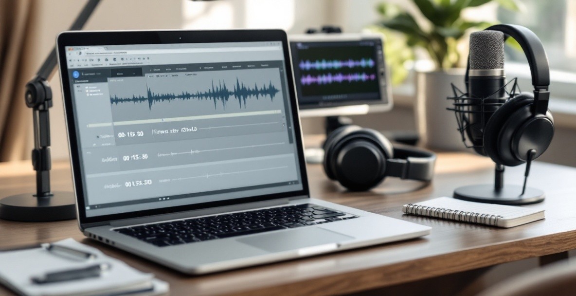 Laptop displaying podcast transcription interface with timestamps and audio waveforms next to a microphone and headphones