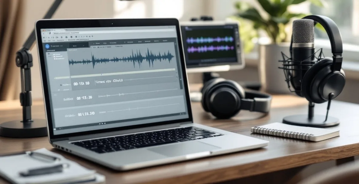 Laptop displaying podcast transcription interface with timestamps and audio waveforms next to a microphone and headphones