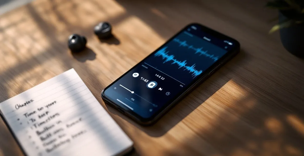 Smartphone displaying podcast app with long audio waveform, wireless earbuds and notepad with timestamps on wooden desk