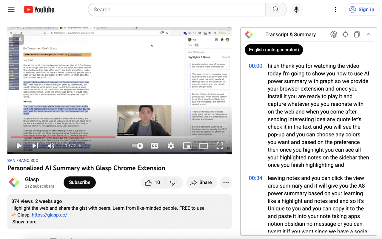 glasp helps users annotate and organize video insights.