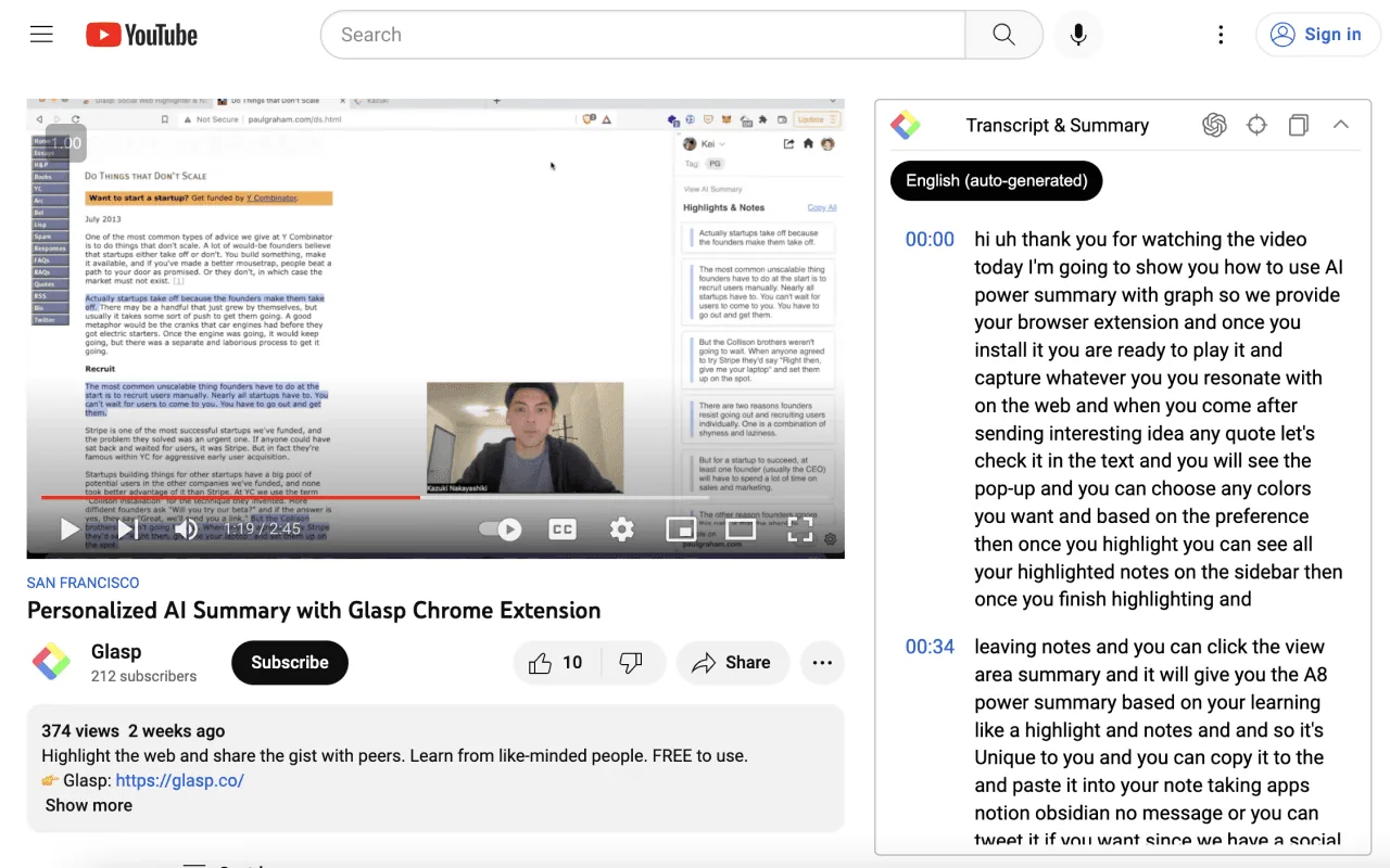 glasp helps users annotate and organize video insights.