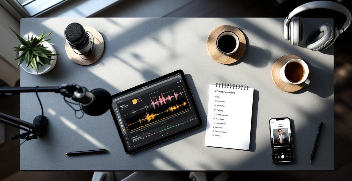 Overhead view of minimalist podcast studio with microphone, tablet showing chapter markers, and smartphone displaying podcast app
