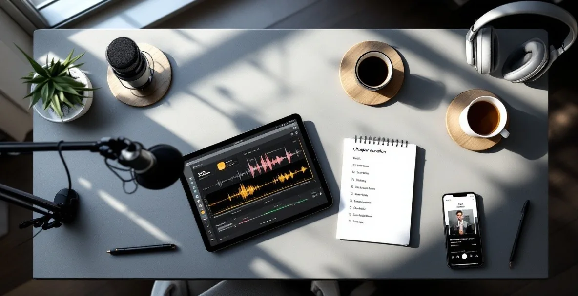 Overhead view of minimalist podcast studio with microphone, tablet showing chapter markers, and smartphone displaying podcast app