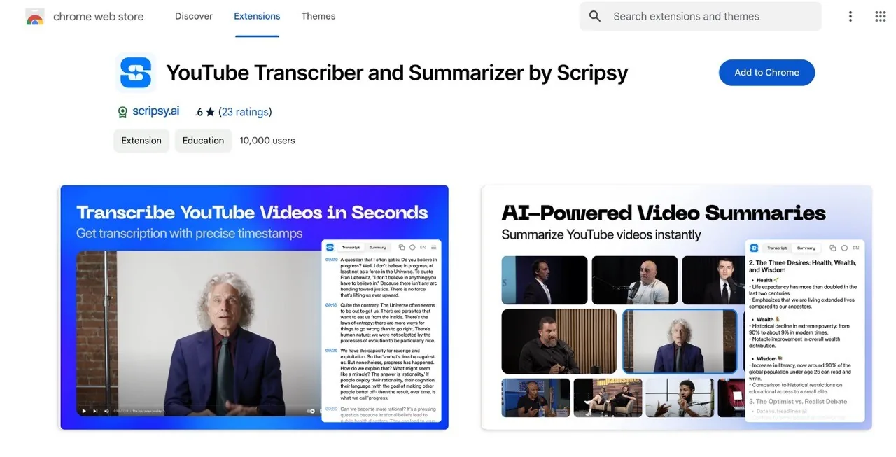 youtube transcriber and youtube summarizer scripsy chrome extension screenshot