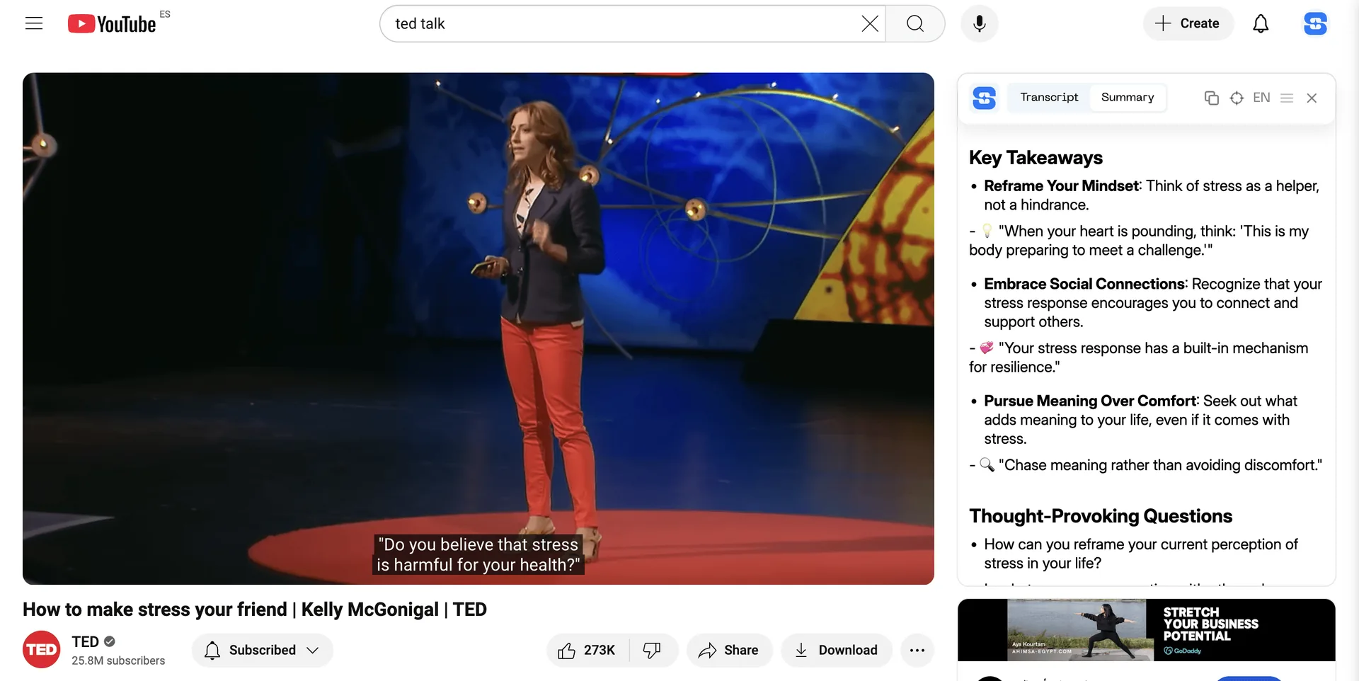 Scripsy Chrome extension shows key ideas and takeaways from the video summary