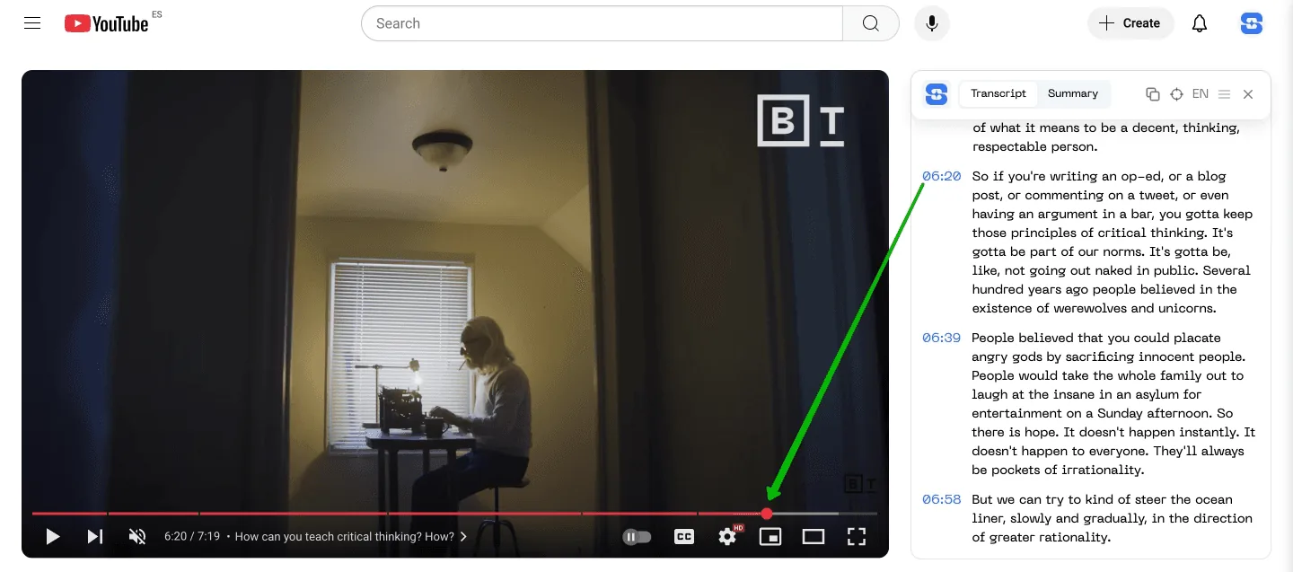 Jump to the current time while watching with timestamped transcript of youtube video