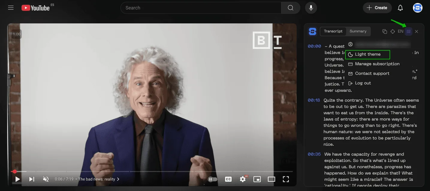 Change theme colour to the Dark or Light of youtube transcriber summarizer ai chrome extension