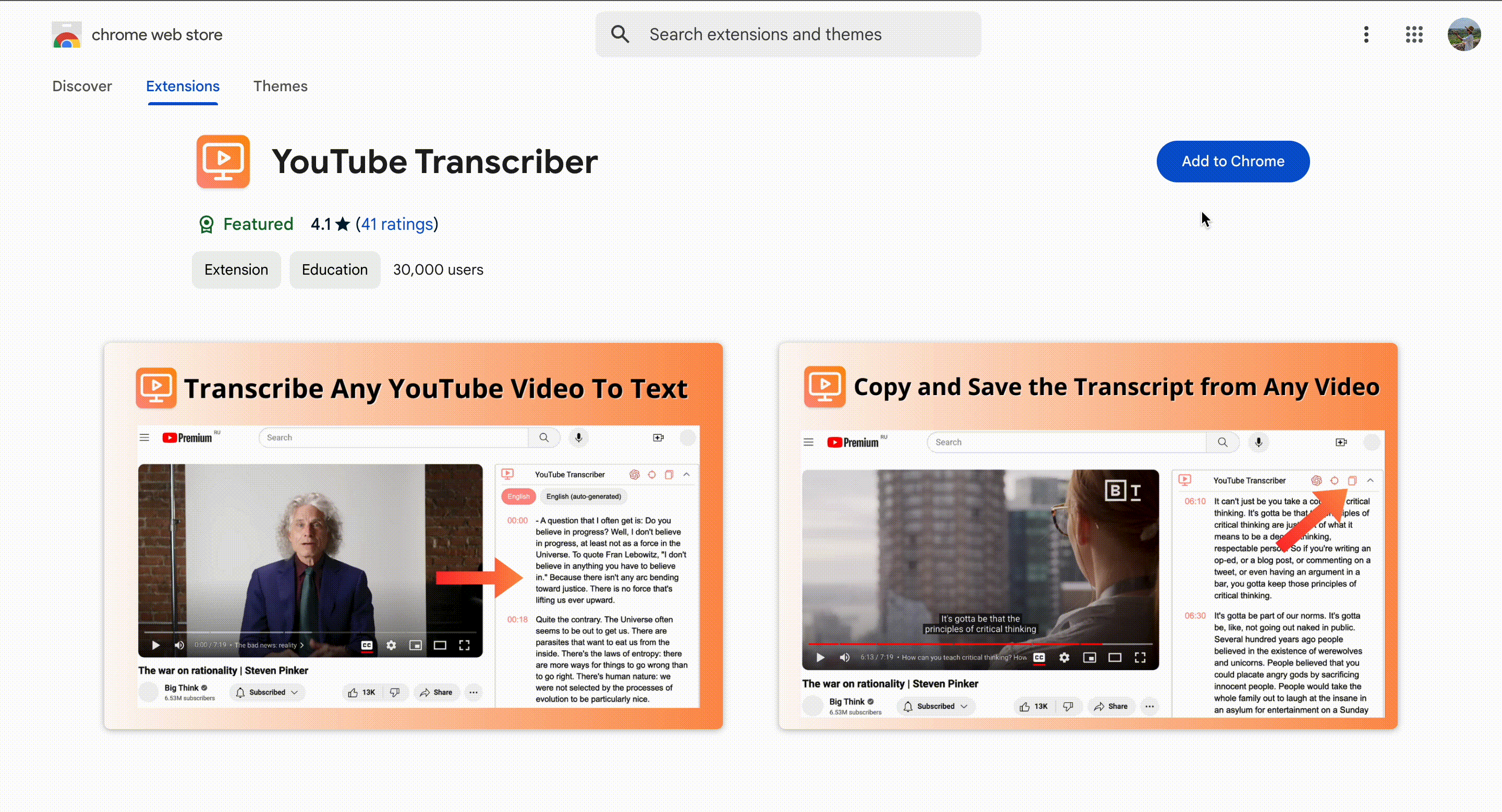youtube transcriber chrome extension add to chrome screenshot