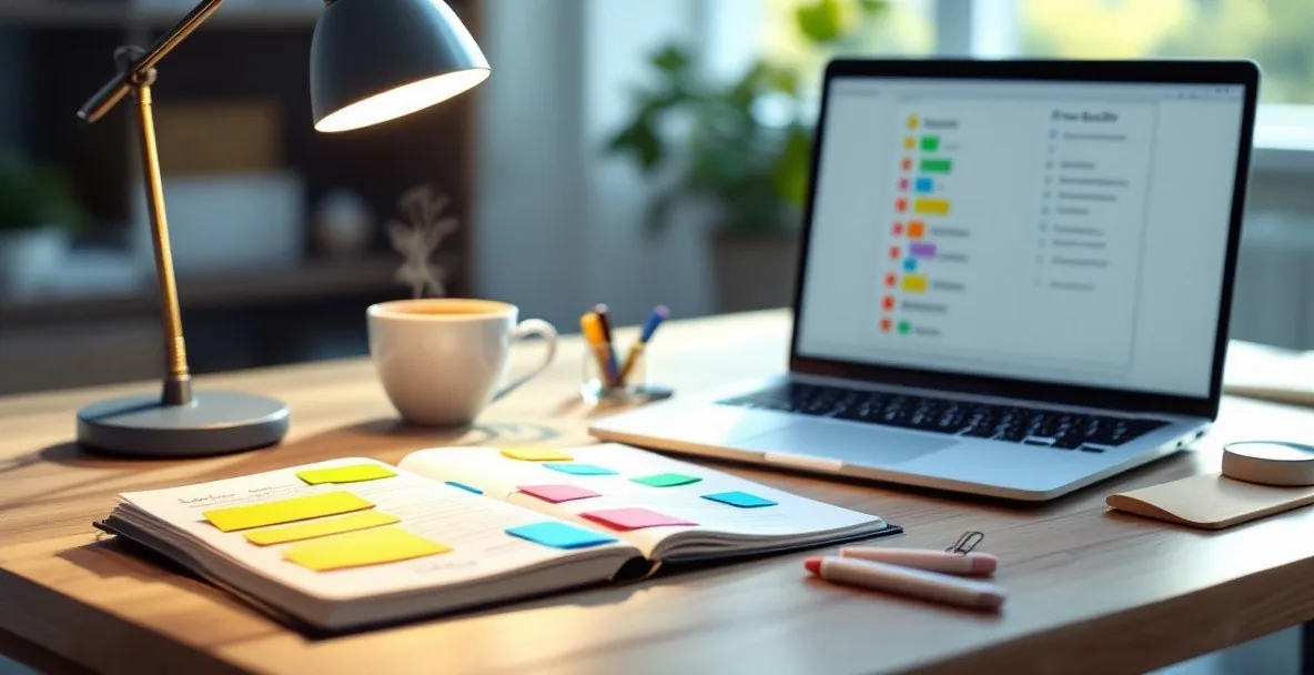 Minimalist workspace showing transformation from handwritten notes to digital organization with color-coded elements