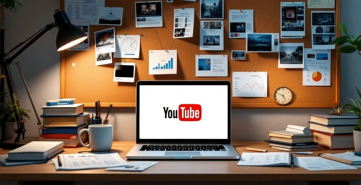 Modern workspace with laptop displaying YouTube logo surrounded by research materials and a research map on a corkboard