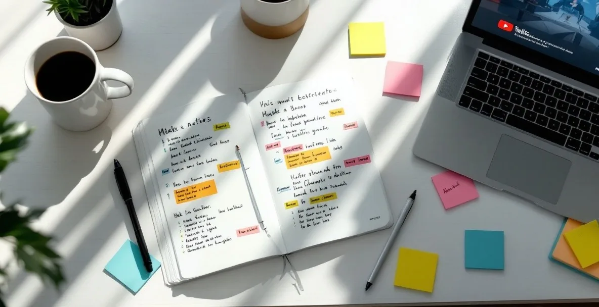 Minimalist workspace with notebook, smartphone showing paused YouTube video, laptop, and color-coded notes