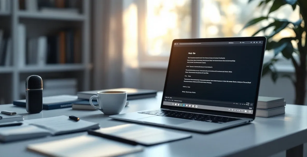 Minimalist workspace with laptop displaying video player and timestamped transcript alongside notepad and coffee